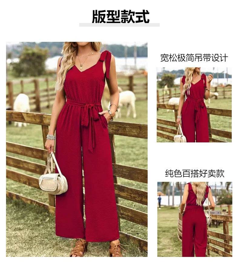 2024 Summer Women's New Commuter Style Solid Color Sexy Back V-neck Bareback Sleeveless Strap Waist Nine Part Pants Jumpsuit - AIAZ