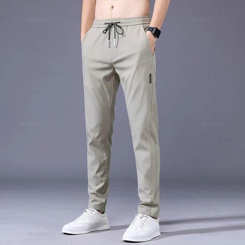 2025 Men's Trousers Spring Summer New Thin Green Solid Color Fashion Pocket Applique Full Length Casual Work Pants Pantalon - AIAZ