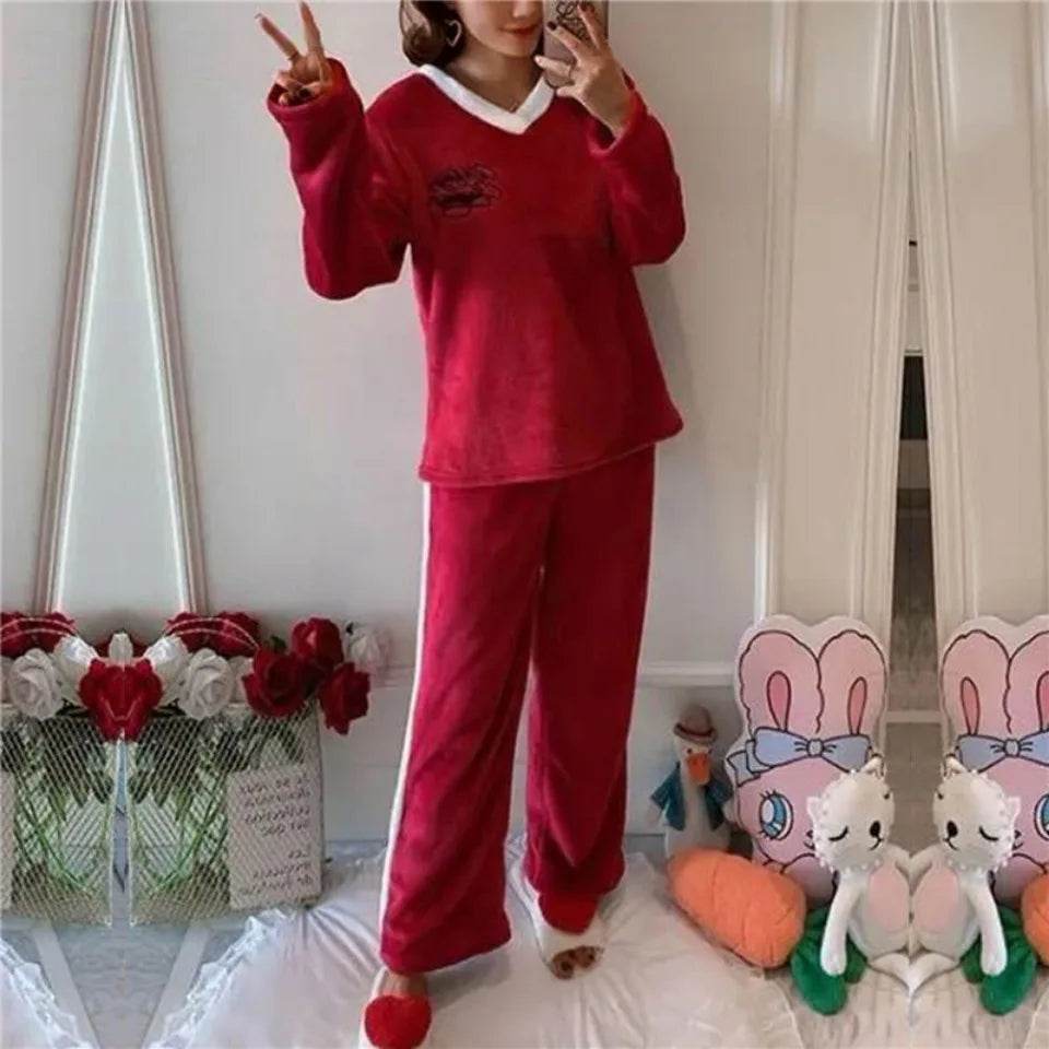 Autumn Winter Flannel Women's Pajamas Sets Polka Dots Printed Teddy Sleepwear Velvet Homewear Kawaii Girsl Pijamas Mujer Pyjama - AIAZ