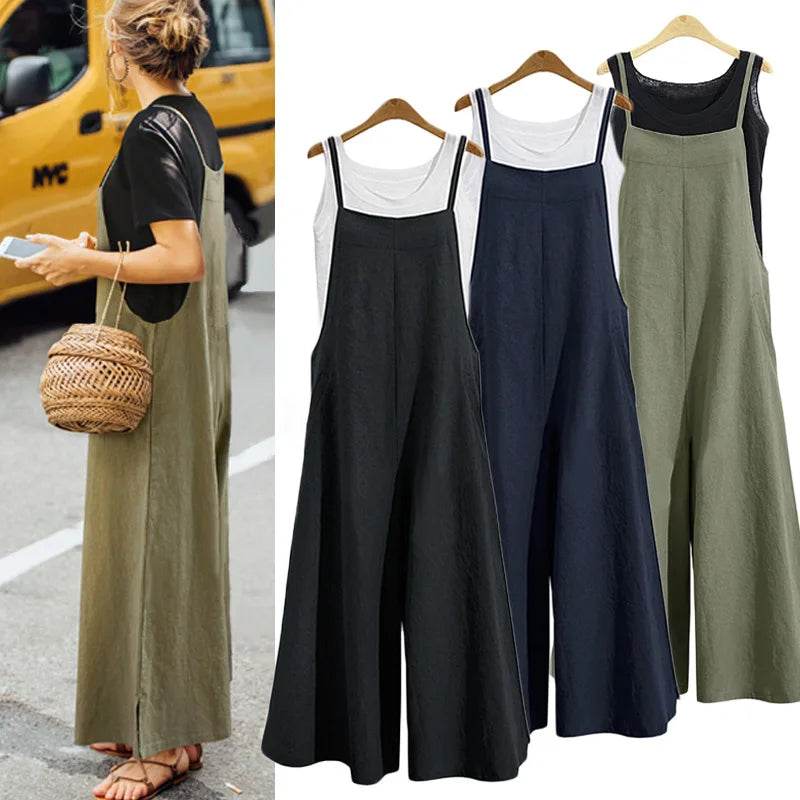 Women Straps Jumpsuit Summer Solid Color Wide Leg Pants Dungaree Bib Overalls Casual Loose Sleeveless Cotton Linen Jumpsuits 5Xl - AIAZ