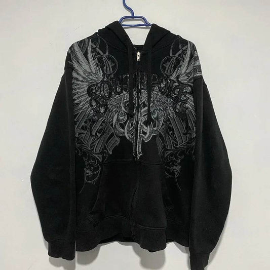 Y2K Street New Fashion Oversized Skull Print Sweater Hoodie Men Harajuku Vintage Hip Hop Popular Casual Sports Hooded Sweater - AIAZ