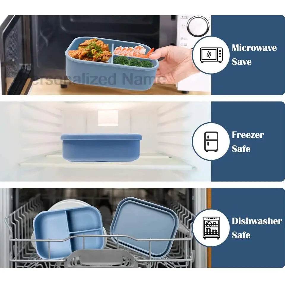 Personalized Name Lunch Box 3 Compartment Silicone Bento Box Portable Leak Proof Microwave Oven Lunch Box Picnic Food Container - AIAZ