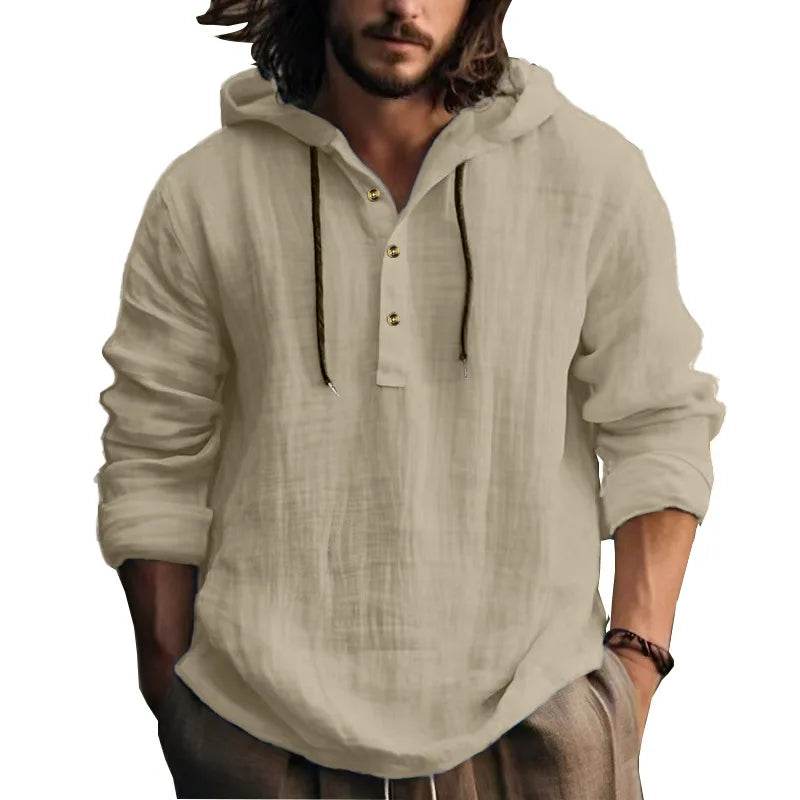 24 New cotton and linen shirts hooded loose large size casual sweater long sleeve hoodie men - AIAZ
