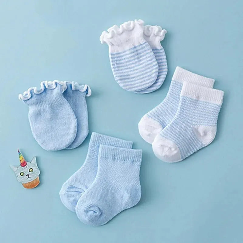 4Pair/Set Solid Color Baby Socks Gloves Set Cute Strip Elastic Infant Toddler Socks Soft Cotton Newborn Girl Boy Ruffle Mitten