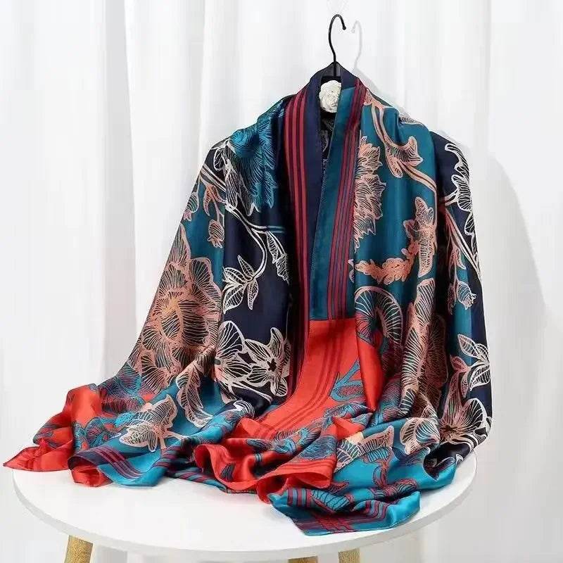 New Summer Women's Silk Scarf Sun Protection Satin Print Extra Long Beach Cover Up Decorative Mom's Shawl Fashionable Accessory - AIAZ