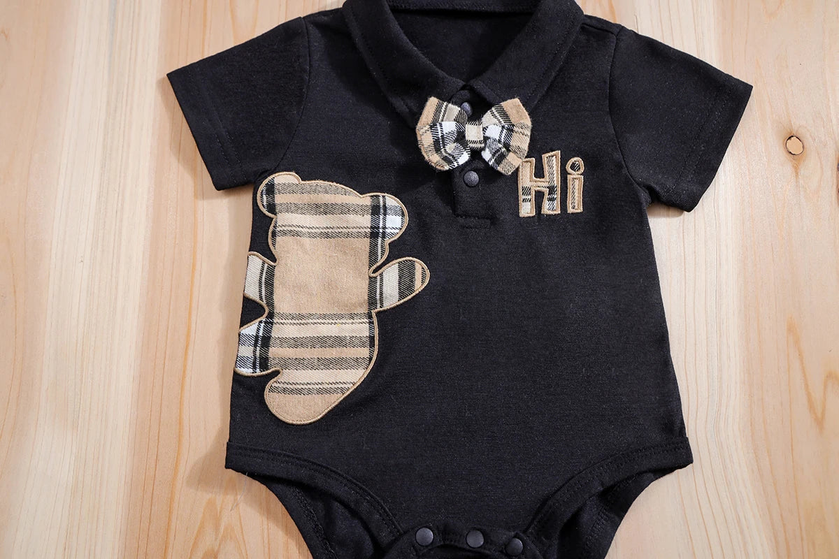 2PCS IURNXB Baby Clothes Sets Short Sleeve Boys Infant Plaid Bear Bodysuit+Suspenders Trousers Set Overall Newborn Outfits 1-18M