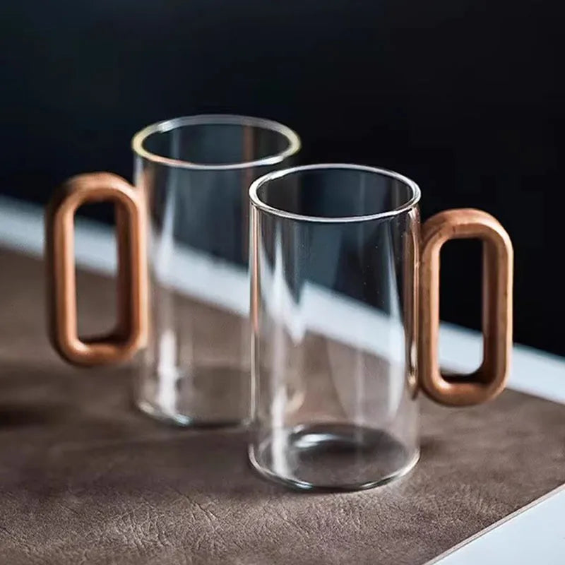 2/4/6pcs Glass Mug With Wooden Handle Heat-resistant Teacup Set Transparent Breakfast Milk Juice Cup Home Party Drinkware