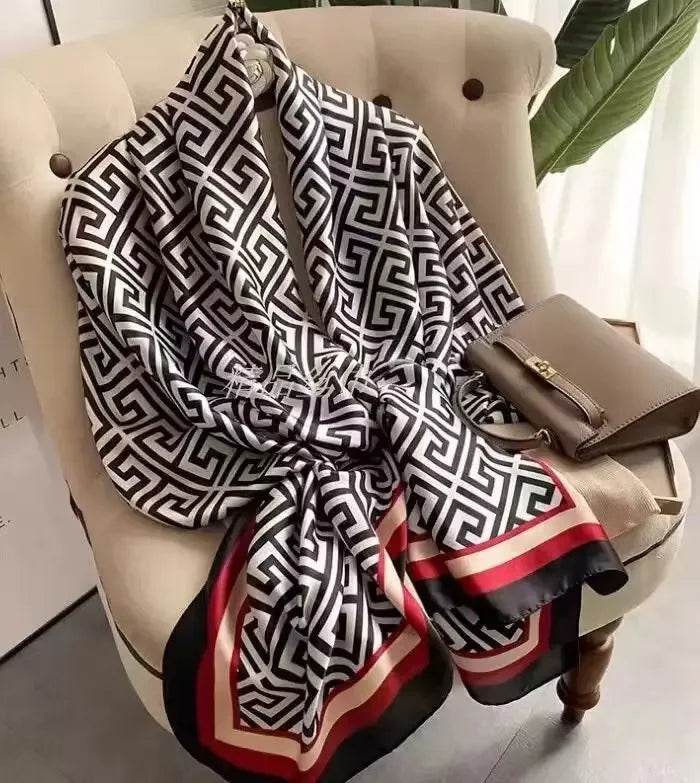 New Summer Women's Silk Scarf Sun Protection Satin Print Extra Long Beach Cover Up Decorative Mom's Shawl Fashionable Accessory - AIAZ