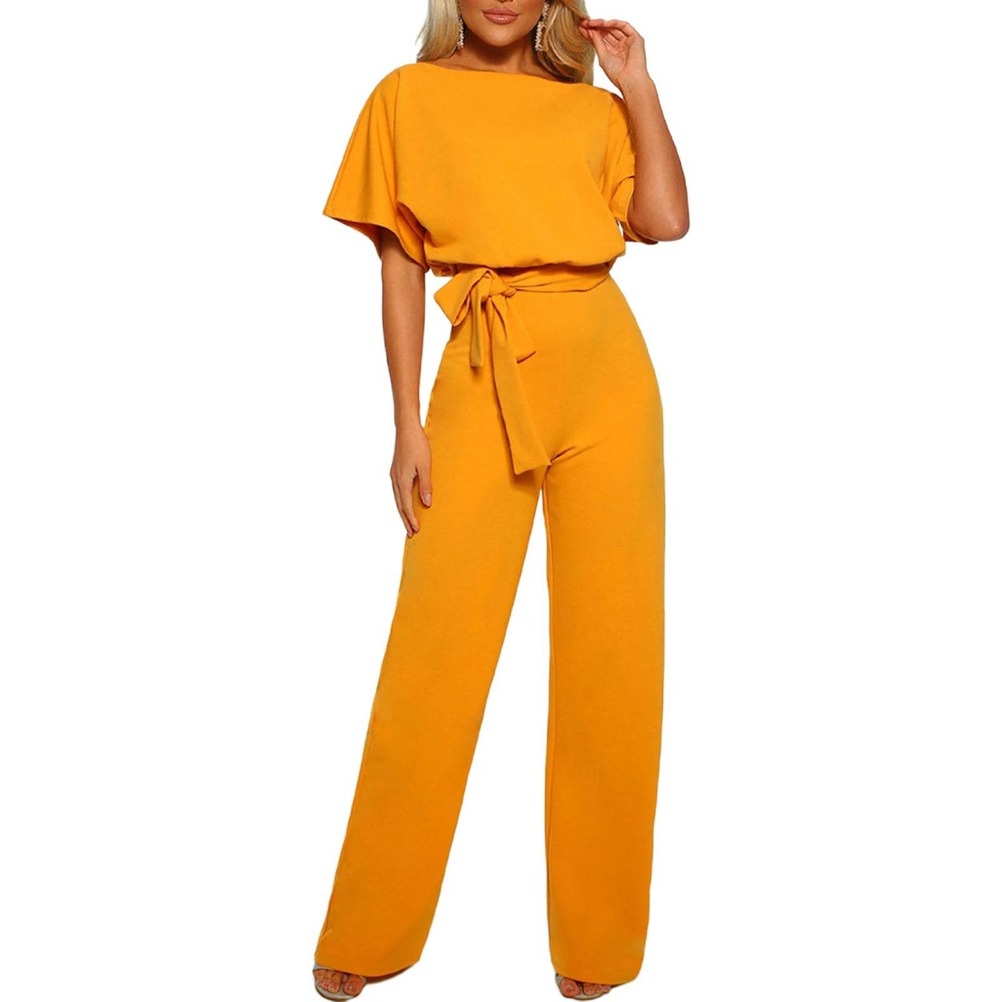 Women's clothing summer 2024 Jumpsuit, Elegant Short Sleeve Hollowed Waist Tie Solid Summer Wide Leg Pants - AIAZ