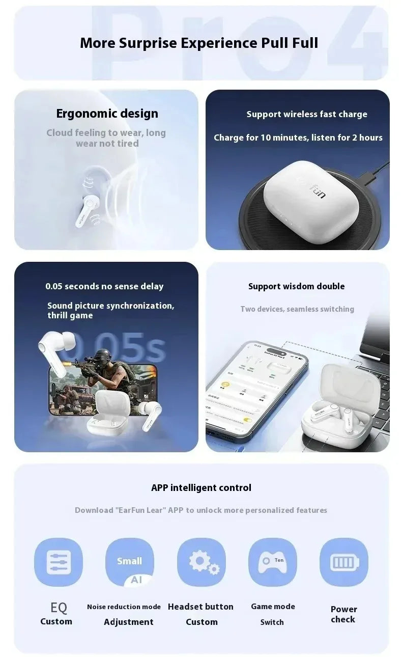 EarFun Air Pro4 Bluetooth Earphone HI-FI Active Noise Reduction IPX5 Waterproof Dynamic Diaphragm Ergonomics Gamer Earbuds