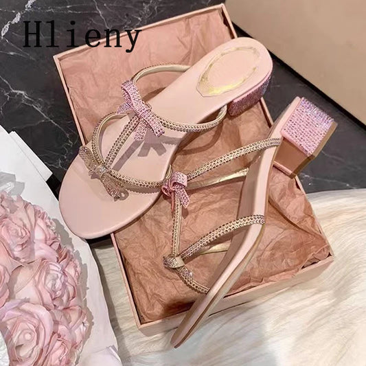 Hlieny Silver Crystal Bowknot Slipper Summer Outdoor Sandal Women Square Low Heel Beach Slip On Flip Flop Slides Shoes Size 40