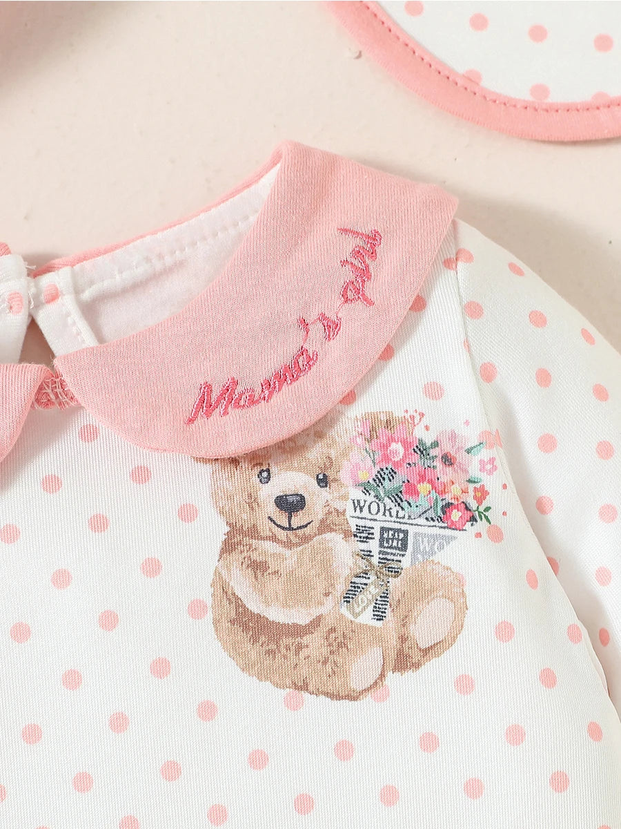 3Pcs Baby Girls Turn-down Collar Long Sleeve  Autumu Polka dot Jumpsuit Casual +Hat+Bib