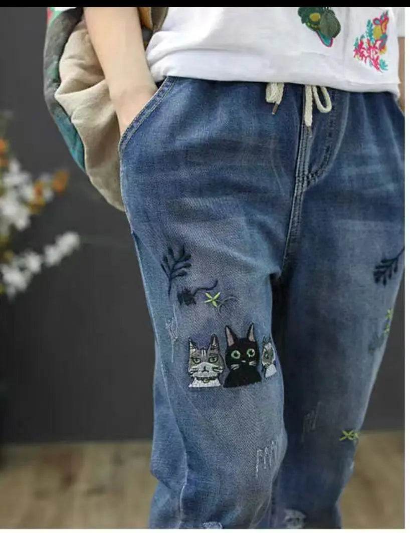 Womens Vintage Floral Loose Denim Pants 2025 Spring Chinese Style Casual Ripped Blue Jeans Holes Elastic Harem Trousers - AIAZ