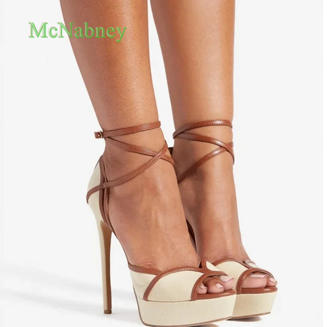 Beige Platform Round Peep Toe Women Sandals Thin High Heels  Cross Strap Summer Stilettos Sexy Shoes 2025 New Arrivals Solid