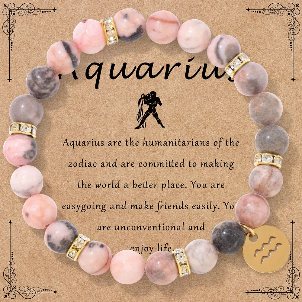 MHS.SUN 12 Star Zodiac Sign Pink Zebra Stone Beaded Bracelets Constellation Fashion Birthday Party Jewelry For Women Men