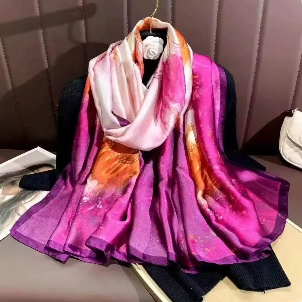 New Summer Women's Silk Scarf Sun Protection Satin Print Extra Long Beach Cover Up Decorative Mom's Shawl Fashionable Accessory - AIAZ