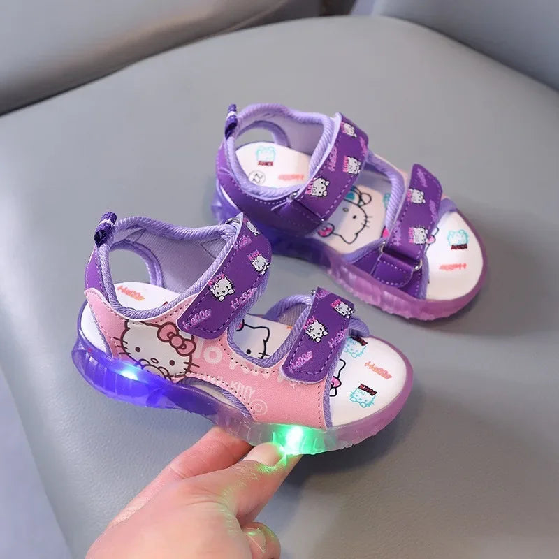 2024 Summer Baby LED Light Sandals For Girls Cute Hello Kitty Children's Casual Shoes Anti-slip Kids Beach Shoes Outdoor Shoes