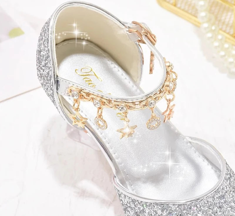 Heeled Dancing Shoes Due To Gold for Girls Glitter Shoes Heels Girls Princess Flowergirl Dresses Golden Girl Child Shoe for Wed