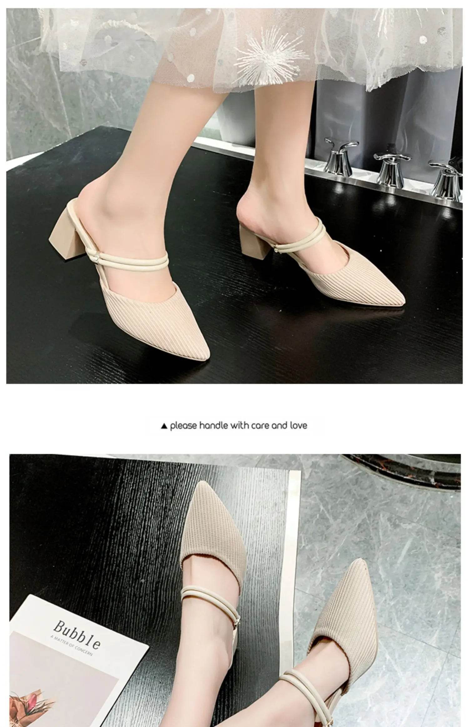 Korean Sle High Heel Sandals Women Summer Outdoor Wear Pointed Toe Double Wear Mules Cover Head f Slip Small Fraance Wind - AIAZ
