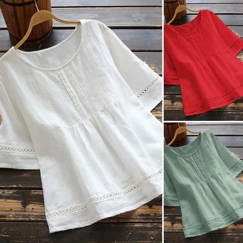 Fashion O-neck Short Sleeve White Lace Tops And Blouses Women 2024 Summer Loose Casual Cotton Linen Top Femme Blouse Shirt Woman - AIAZ