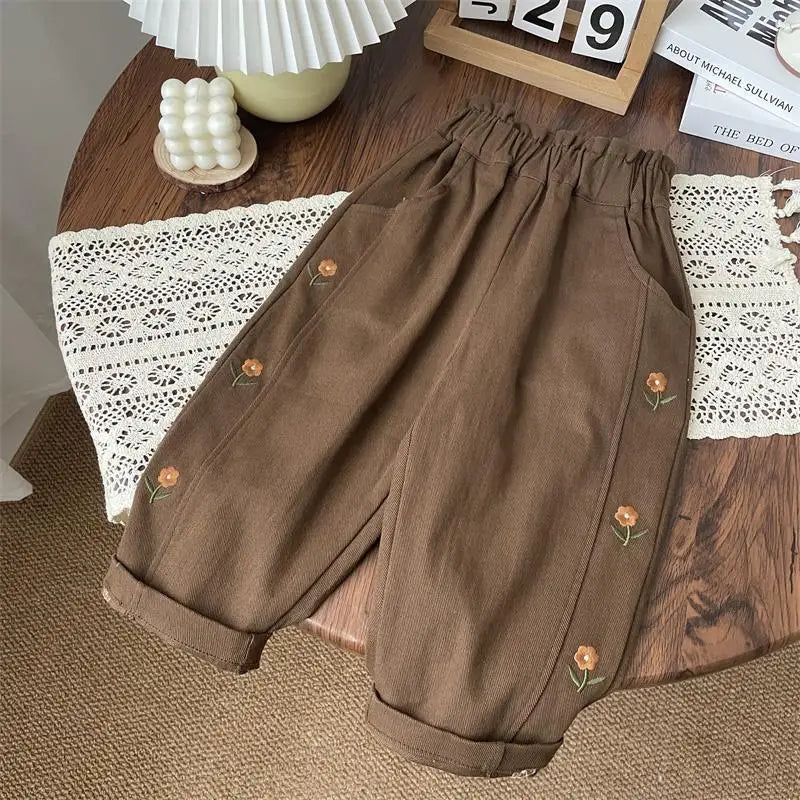 2025 Autumn Children Casual Pants 2-6T Girls Flower Embroidery Cotton Trousers Kids Baby