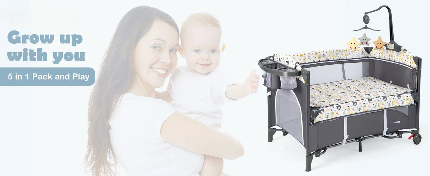 Multifunctional Baby Crib - Convertible Foldable Bed with Detachable Changing Table, Portable Co-Sleeper for Infants