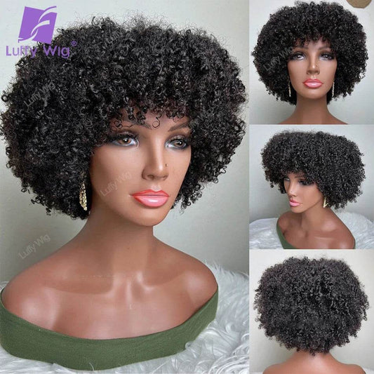 Short Pixie Cut Human Hair Wig With Bangs Brazilian Remy Afro Kinky Curly Bob Wig 180 Density Glueless For Black Women LuffY - AIAZ