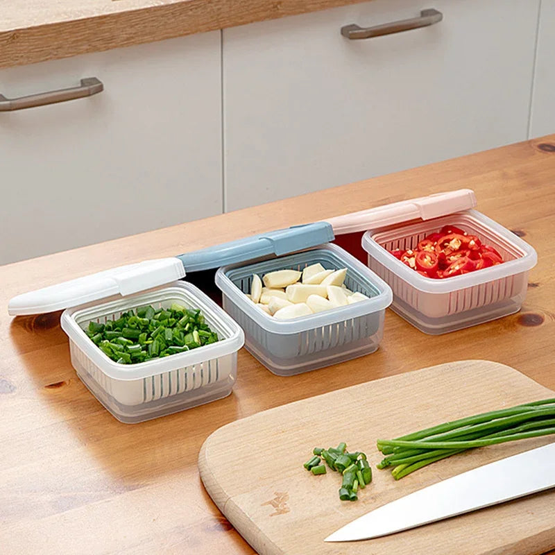 Double-layer Refrigerator Storage Box Ginger Scallion Onion Containers Sealed Fruits Vegetables Drain Crisper Kitchen Supplies