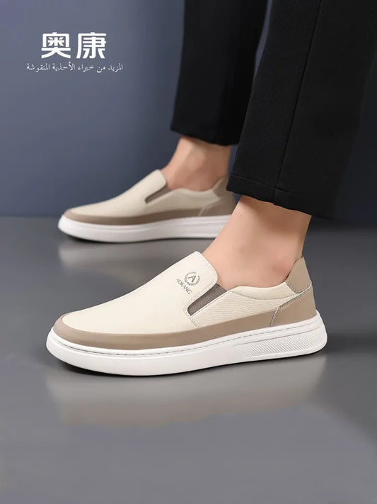 Aokang Men's Slip-On Casual oes Breathable Soft Bot Bean Leather oes Comfortable Rubber Sole Low Heel round Toe