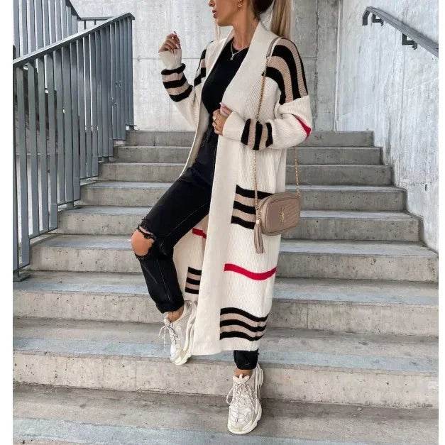 Women Sweater Spring Autumn Cardigan Coats Casual Stripes Knitted Cardigan Clothes Women Oversized Cardigan Long Sweater Coat - AIAZ