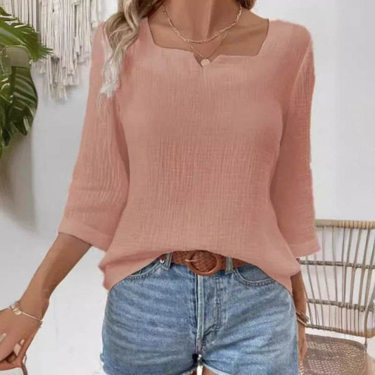 Women Summer Simple Linen Tshirt Tops Loose Fit Blouse 3/4 Sleeve Vintage Crewneck Solid Color Clothes Dressy Tops for Women - AIAZ