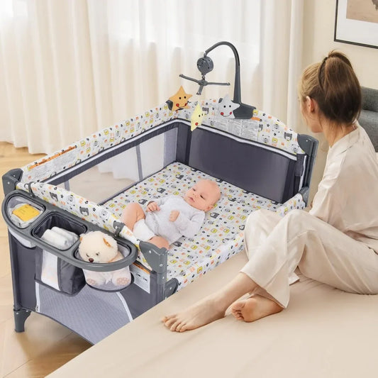 Multifunctional Baby Crib - Convertible Foldable Bed with Detachable Changing Table, Portable Co-Sleeper for Infants