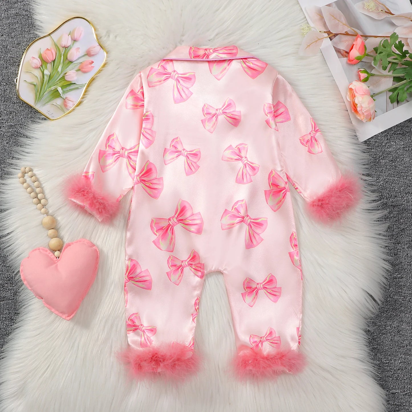 MISOWMNJOY Satin Baby Girls Pajamas Spring Long Sleeve Bow Print Furry Patchwork Button Closure Jumpsuit Sleepwear Loungewear