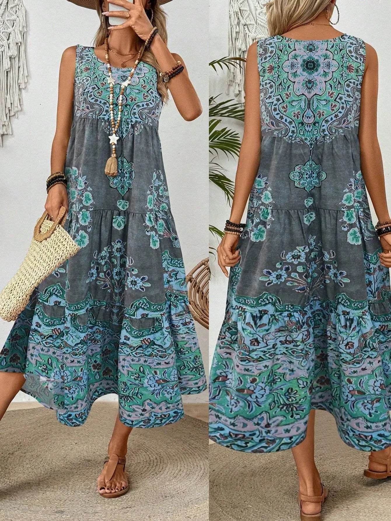 Women Vintage Print Sleeveless O-neck Vest Long Dresses 2025 Summer Fashion New Beach Vacation A-line Dress Woman Loose Dress - AIAZ