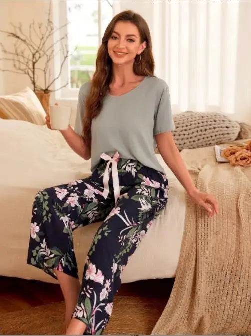 Breathable 2PCS Pajama Short Sleeve Printed Pijama Mujer Femme Loose Nightwear Suit Female Casual Homewear Pajama Set For Women - AIAZ