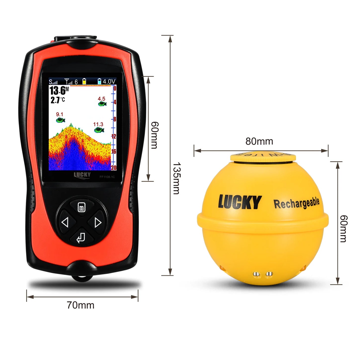Lucky Sonar Fish Finder FF1108-1CWLA Rechargeable Wireless Sensor 45M Water Depth Echo Sounder Fishing Portable Fish Finder