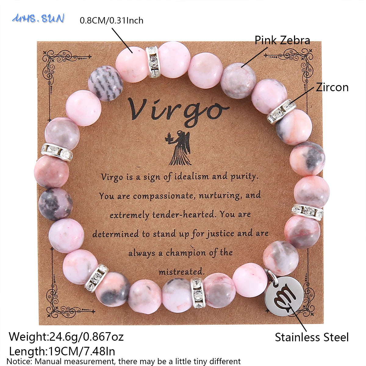 MHS.SUN 12 Star Zodiac Sign Pink Zebra Stone Beaded Bracelets Constellation Fashion Birthday Party Jewelry For Women Men