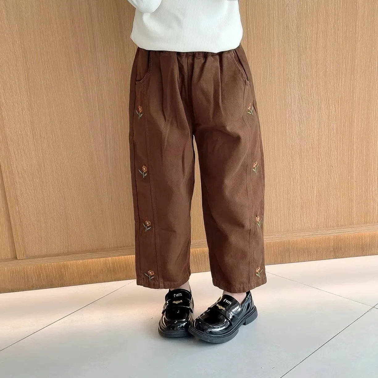2025 Autumn Children Casual Pants 2-6T Girls Flower Embroidery Cotton Trousers Kids Baby