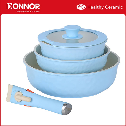 DONNOR 5Pcs Ceramic Coating Cookware Set Detachable Handle Frying Pan Milk Pot Chef Pot Induction Cooker Gas stove Universal