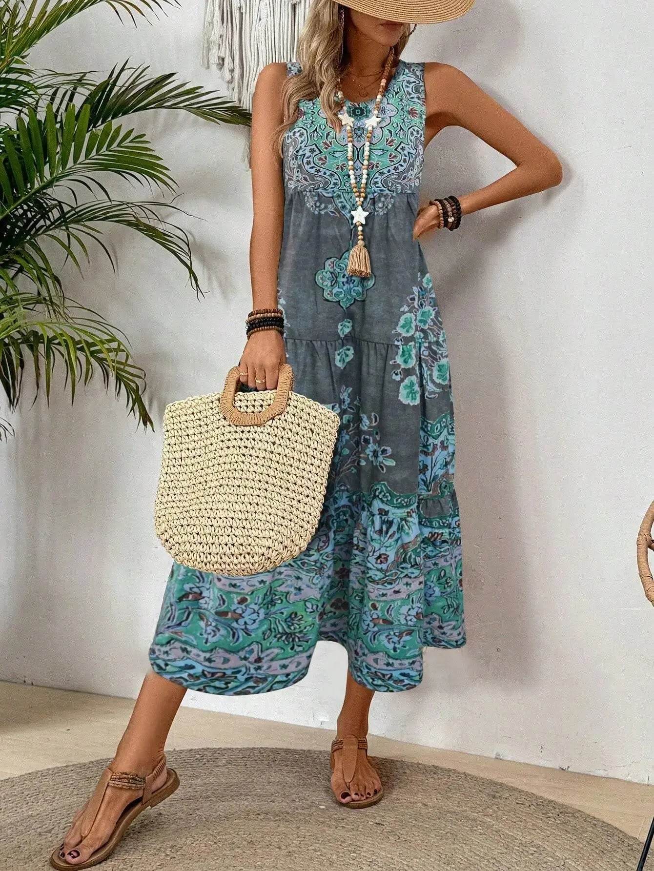 Women Vintage Print Sleeveless O-neck Vest Long Dresses 2025 Summer Fashion New Beach Vacation A-line Dress Woman Loose Dress - AIAZ