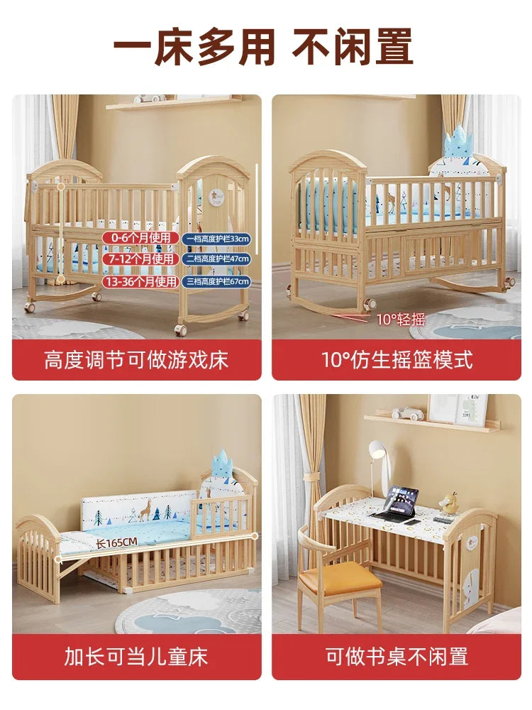 Baby Crib Multifunctional BB Baby Crib Solid Wood Unpainted Cradle Bed Movable Newborn Children Splicing Large Bed