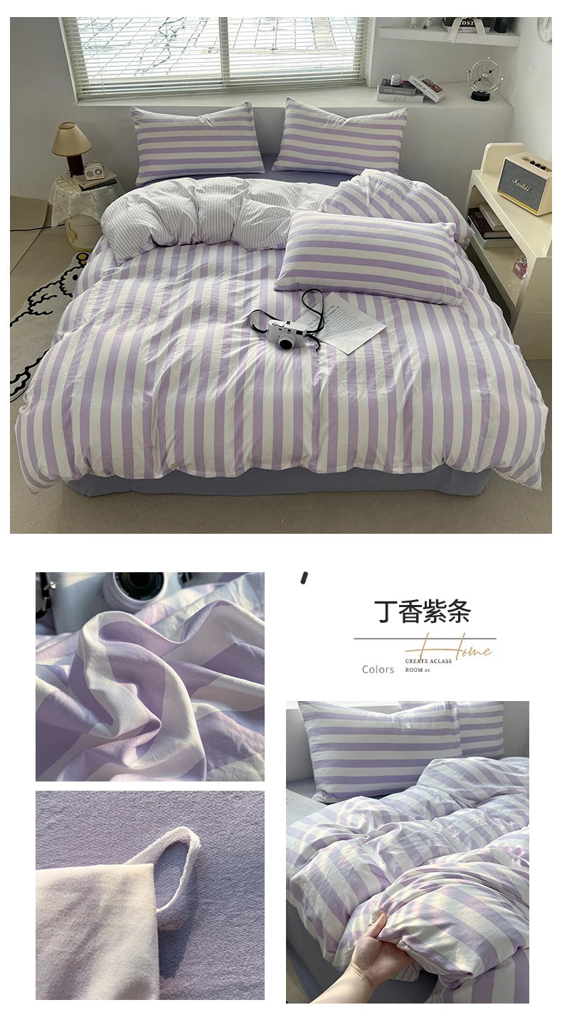 Washed Cotton Double Yarn Crepe Striped Quilt Set 3-4 Pillowcase with Sheet Bedding Cover Supplies 200x230 220x240 Skin Friendly