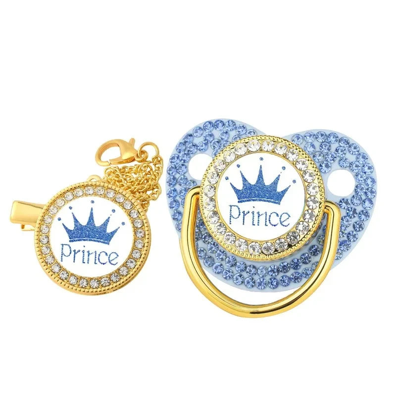 All Zircon Baby Pacifier Chain Clips Set Gold Crown Princess Prince Pacifiers Holder Silicone Nipple Luxury Infant Shower Gifts