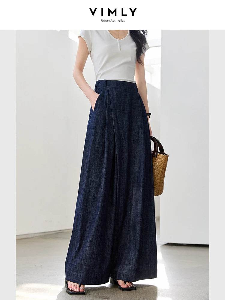 VIMLY Women's Washed Jeans Baggy Skirt Pants Ladies 2025 Spring Summer Casual High Waist Vintage Denim Pants Woman Clothes M9809 - AIAZ