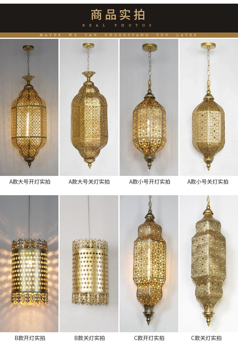 Vintage Antique Hollow Carving Pendant Lamp Southeast Asia Moroccan Golden Hanging Light Restaurant Bar Industrial Pendant Light