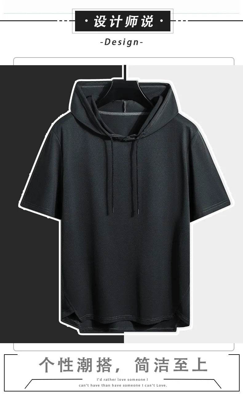 2025 Men's Summer Hoodies T-shirts Short Sleeve Solid Color Loose Hooded Drawstring Pullover Tops Basic Tees for Daily Wear Male - AIAZ