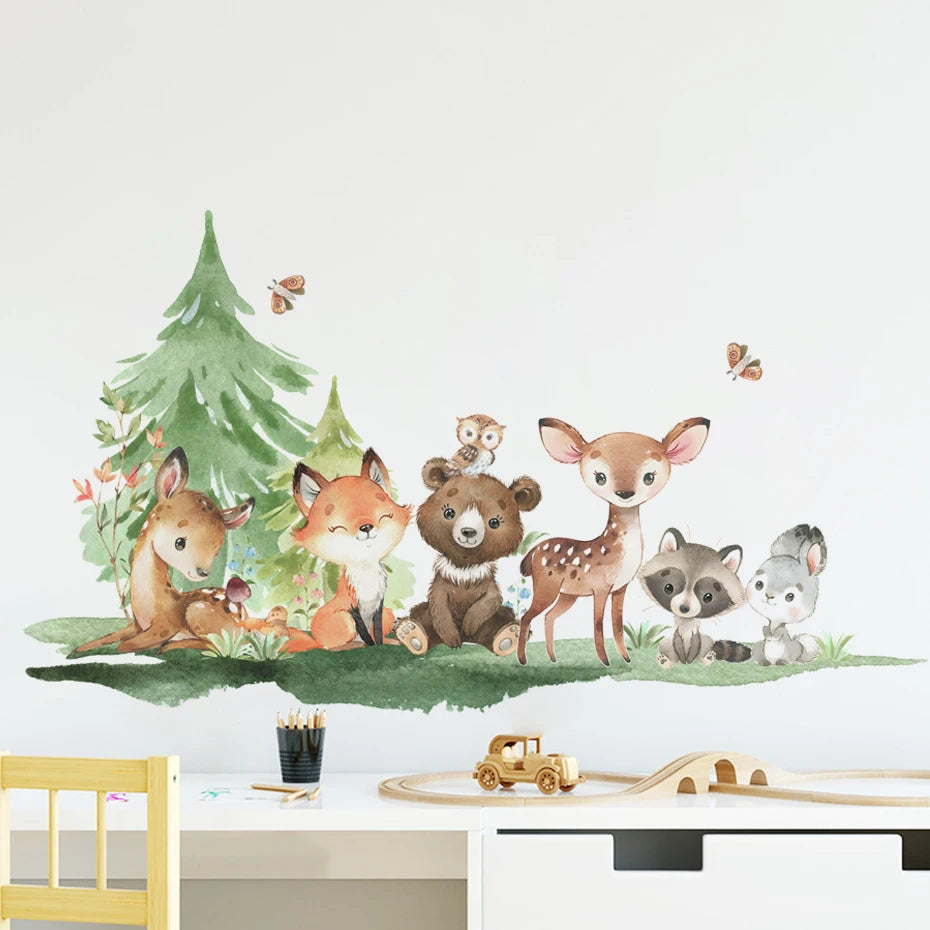 Forest Animals Theme Bear Deer Rabbit Children's Wall Stickers for Kids Room Baby Room Decoration Wallpaper Wall Decals Nursery