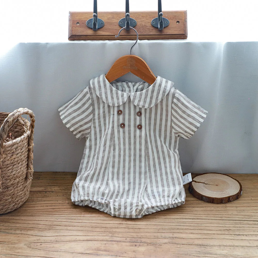 Summer Toddler Kids Stripe Bodysuit Boys Loose Turndown Collar Jumpsuit Girls Baby Thin Crawlwear Onesie Clothes One Piece