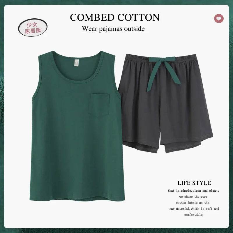 New women's pajamas set summer Cotton solid color top print shorts sleepwear Korean kawaii home clothes pijama two piece set - AIAZ