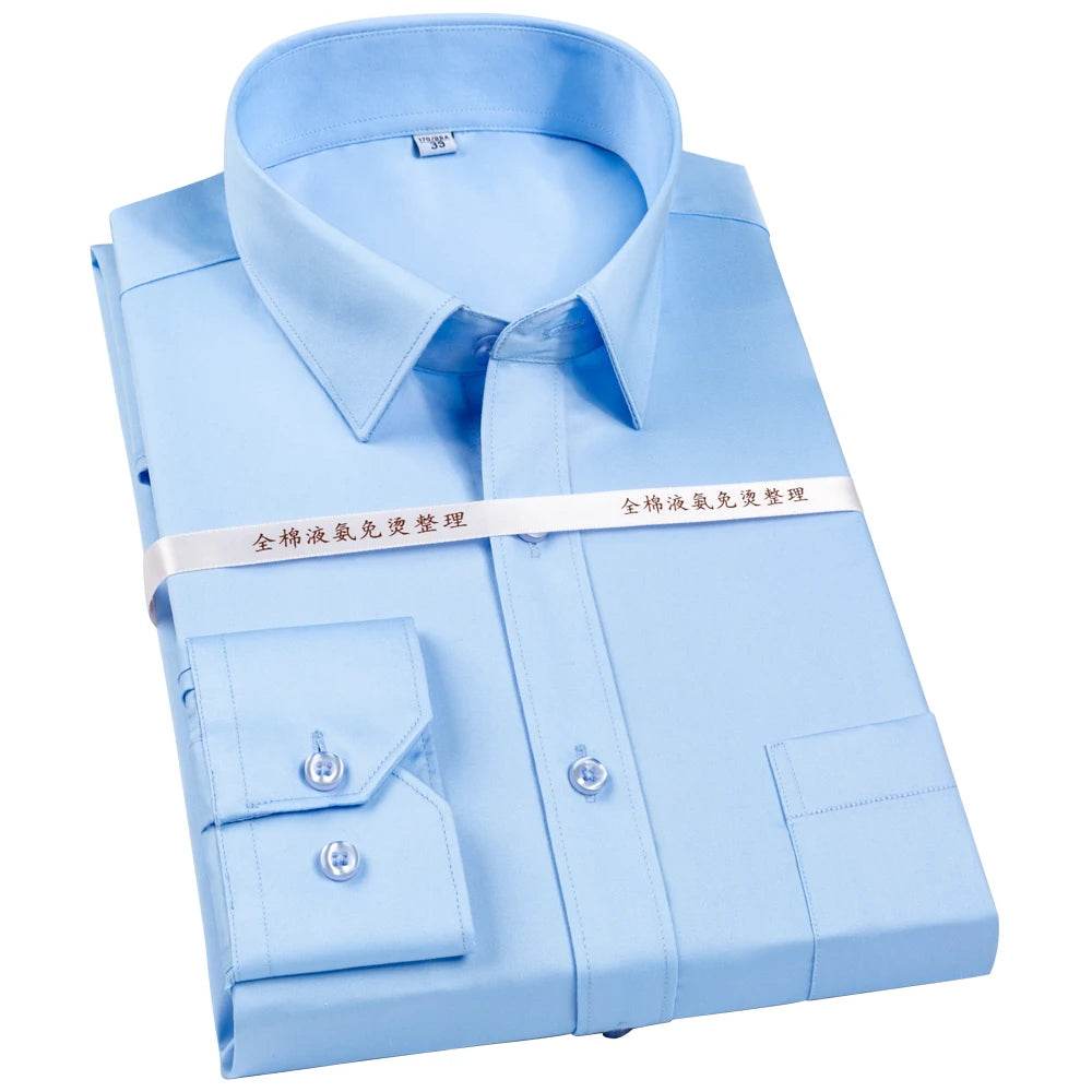Men's Non Iron Standard-fit Solid Basic Dress Shirt Formal Business Premium 100% Cotton Male Long Sleeve Work Office Shirts - AIAZ